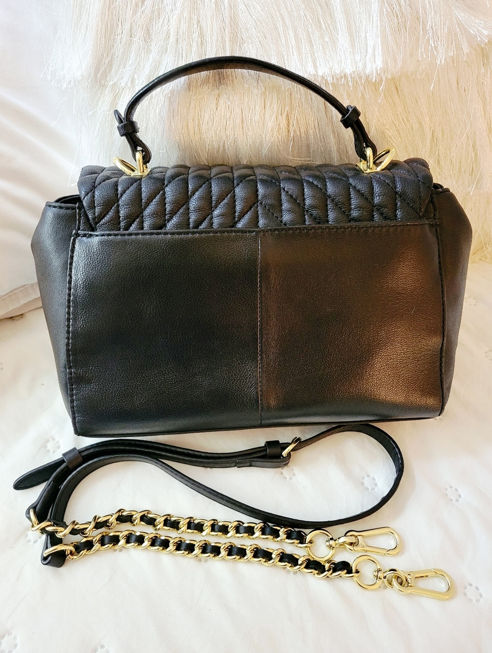 Karl Lagerfeld Paris Agyness Lucien Quilted Leather Satchel - Black/Gold - Picture 2 of 11